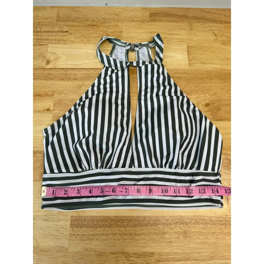 Olive Green White Striped Halter Bikini Top Keyhole XL Cutout Swimwear